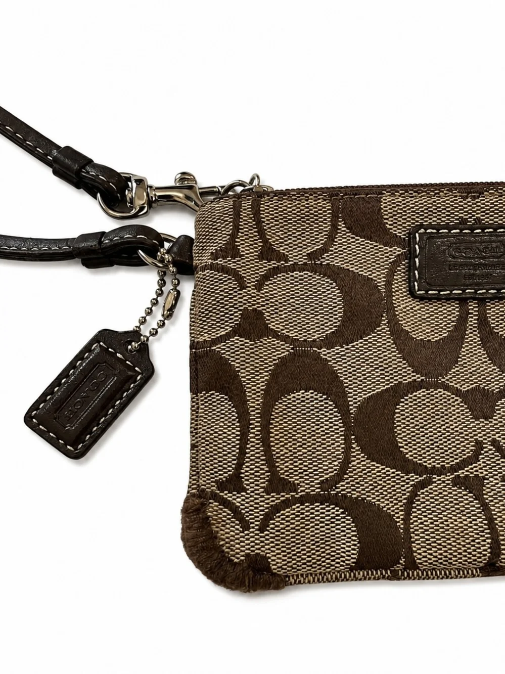 Coach Brown Signature Canvas Wristlet with Leather Trim